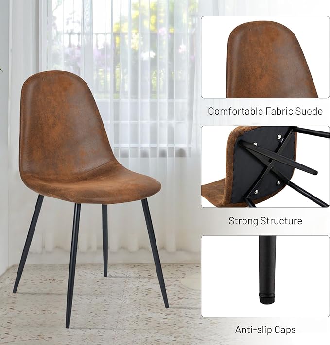 FurnitureR Dining Chairs Comfortable Upholstered Side Seating Armless for Home Kitchen Bedroom Living Room Guest Restaurant Cafe (Brown, Set of 4) - LeafyLoom
