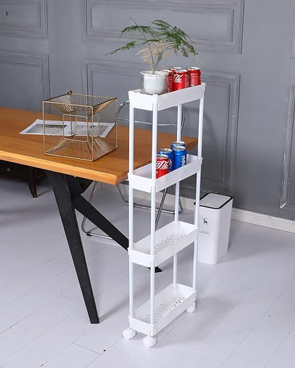 Sooyee 4 Tier Slim Storage Cart Mobile Shelving Unit Organizer Slide Out Storage Rolling Utility Cart Tower Rack for Kitchen Bathroom Laundry Narrow Places, Plastic & Stainless Steel,White - LeafyLoom