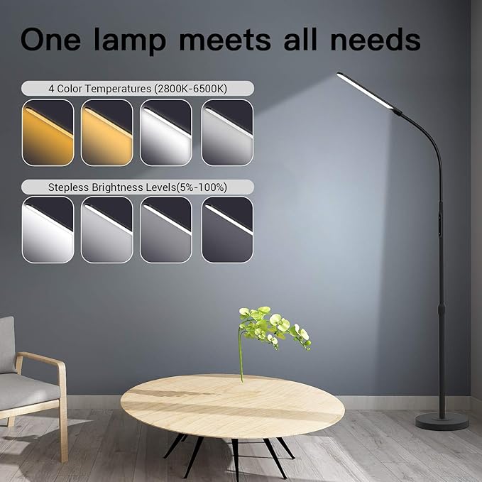 NXONE Led Floor Lamp,Modern Reading Adjustable Standing Height 4 Colors and Stepless Brightness Work Lamp for Living Room Bedroom Reading, Black - LeafyLoom
