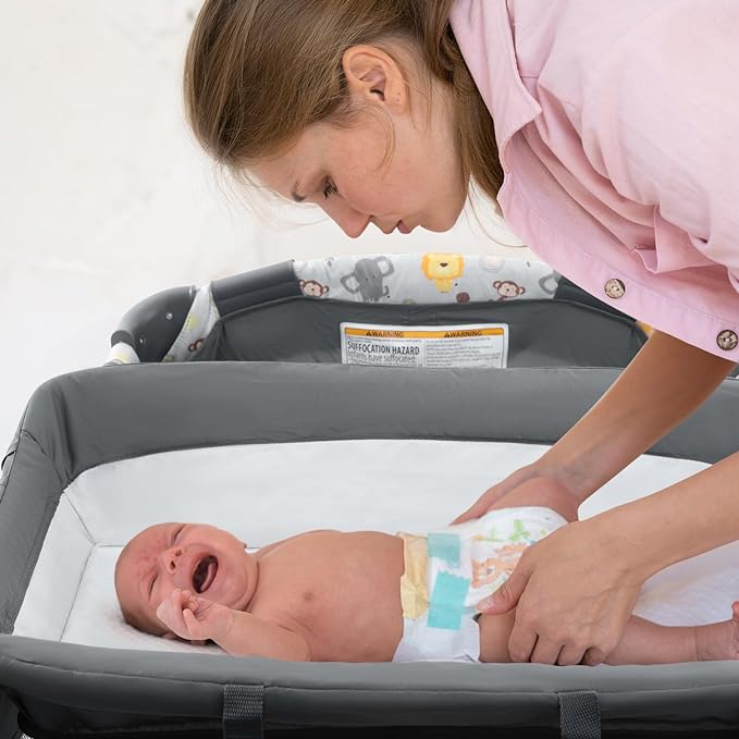5 in 1 Infant Newborn Baby Crib,Baby Bassinet Bedside Cribs,Pack and Play with Bassinet and Changing Table,Portable Travel Baby Playpen with Bassinet Toys & Music Box,Portable Travel Crib,Dark Gray - LeafyLoom