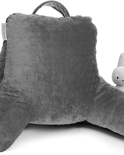 Clara Clark Reading Pillow for Kids, Small Back Pillow for Sitting Up in Bed, Memory Foam Back Support Pillow, Reading Pillows for Sitting in Bed Grey Gaming Pillow for Bed Chair with Arms and Pockets - LeafyLoom