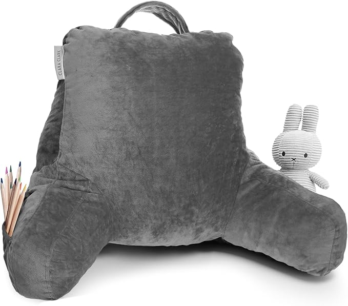 Clara Clark Reading Pillow for Kids, Small Back Pillow for Sitting Up in Bed, Memory Foam Back Support Pillow, Reading Pillows for Sitting in Bed Grey Gaming Pillow for Bed Chair with Arms and Pockets - LeafyLoom