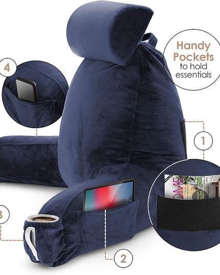 Nestl Reading Pillow with Portable Laptop Lap Desk, Velvet Feel Back Pillow for Sitting in Bed, Shredded Memory Foam Back Support Pillow for Bed, Bed Rest Pillow with Arms, Large - Navy - LeafyLoom