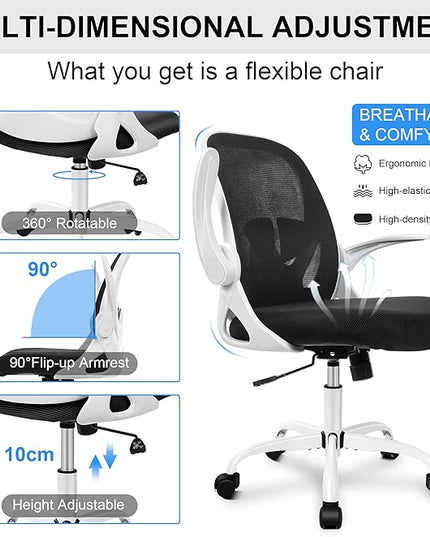 Primy Office Chair Ergonomic Desk Chair with Adjustable Lumbar Support and Height, Swivel Breathable Desk Mesh Computer Chair with Flip up Armrests for Conference Room(White) - LeafyLoom