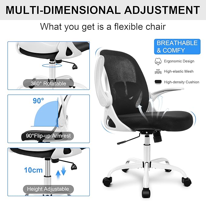 Primy Office Chair Ergonomic Desk Chair with Adjustable Lumbar Support and Height, Swivel Breathable Desk Mesh Computer Chair with Flip up Armrests for Conference Room(White) - LeafyLoom