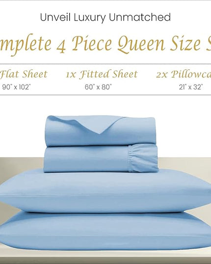 Bluemoon Homes 1000 Thread Count Queen Sheets - 100% Egyptian Cotton Sateen Bed Sheets Deep Pocket (18"), Cotton Sheets Queen Size Set, Cool Crisp and Durable Bed Linen (Sky Blue) - LeafyLoom