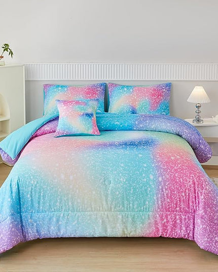 PERFEMET Rainbow Queen Girls Bedding Set, 6 Pieces Glitter Pink Green Comforter for Queen Size Bed, Colorful Tie Dye Ombre Teen Girls Bed in A Bag Comforter Set with Sheets - LeafyLoom