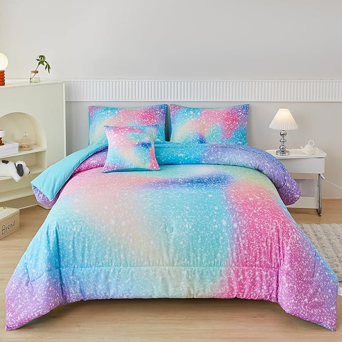 PERFEMET Full Size Comforter Sets for Kids Girls 6 Pieces Pink Green Ombre Rainbow Bedding Set Colorful Tie Dye Glitter Teen Girls Bed in A Bag - LeafyLoom