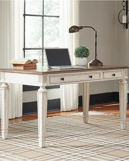 Signature Design by Ashley Realyn French Country 60" Home Office Lift Top Desk with USB Charging, Chipped White - LeafyLoom