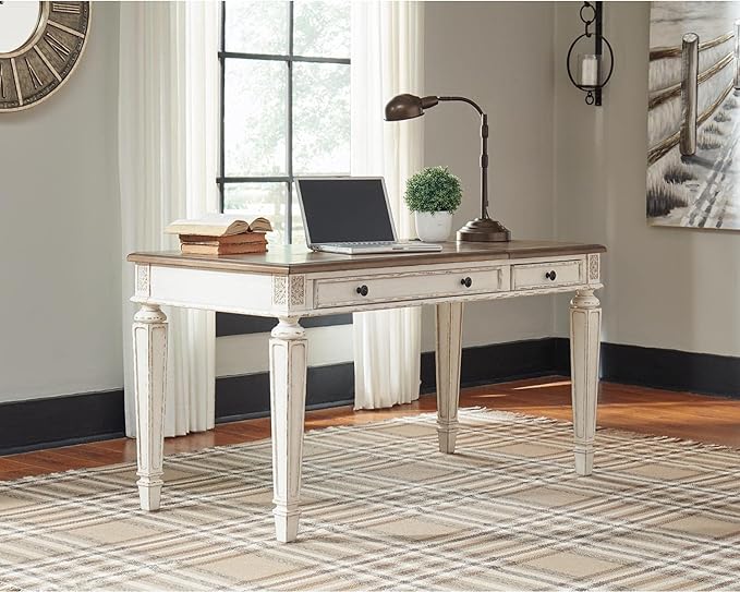 Signature Design by Ashley Realyn French Country 60" Home Office Lift Top Desk with USB Charging, Chipped White - LeafyLoom