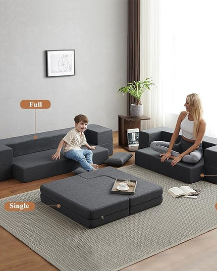 Convertible Folding Sofa - Modern Linen Fabric Coffee Table, Foldable Floor & Futon Couch, Space-Saving Chair with Pillow for Living Room/Dorm/Guest Room/Home Office/Apartment,Twin XL,Dark Gray - LeafyLoom