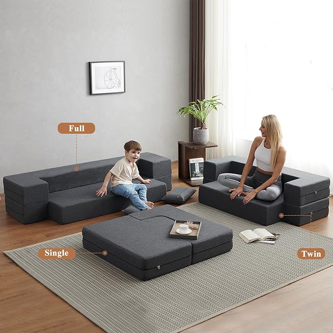 Convertible Folding Sofa - Modern Linen Fabric Coffee Table, Foldable Floor & Futon Couch, Space-Saving Chair with Pillow for Living Room/Dorm/Guest Room/Home Office/Apartment,Twin XL,Dark Gray - LeafyLoom