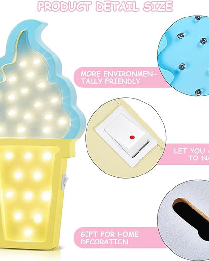 2 Pcs Ice Cream Valentine Romance Atmosphere Light Wooden Ice Cream LED Night Light Ice Cream Theme Valentine Romance Lamps Battery Operated LED Night Lights for Birthday Party Decor (Blue-Yellow) - LeafyLoom