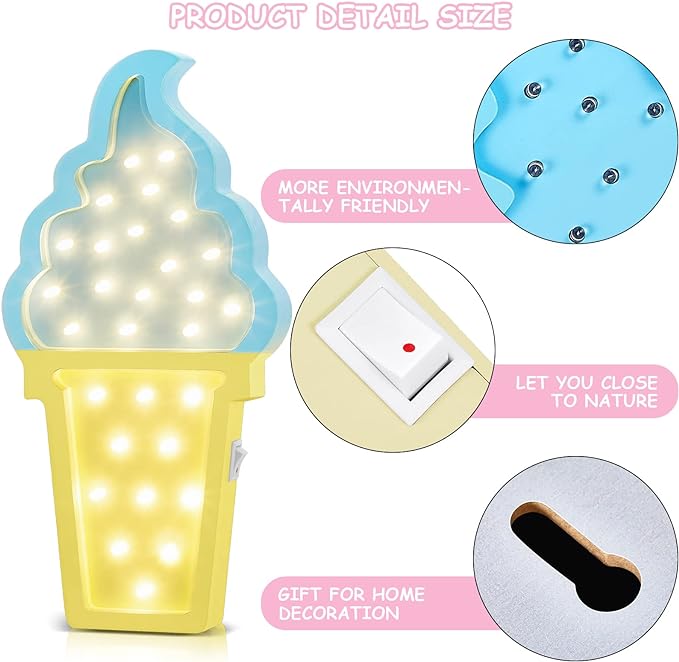 2 Pcs Ice Cream Valentine Romance Atmosphere Light Wooden Ice Cream LED Night Light Ice Cream Theme Valentine Romance Lamps Battery Operated LED Night Lights for Birthday Party Decor (Blue-Yellow) - LeafyLoom