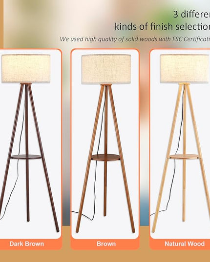 Wood Tripod Floor Lamp with Shelves,Linen Shade Modern Mid Century Wooden Standing Floor lamp for Living Room,with Three Color temparature Bulb Included,ETL Listed/Natural Wood Color - LeafyLoom