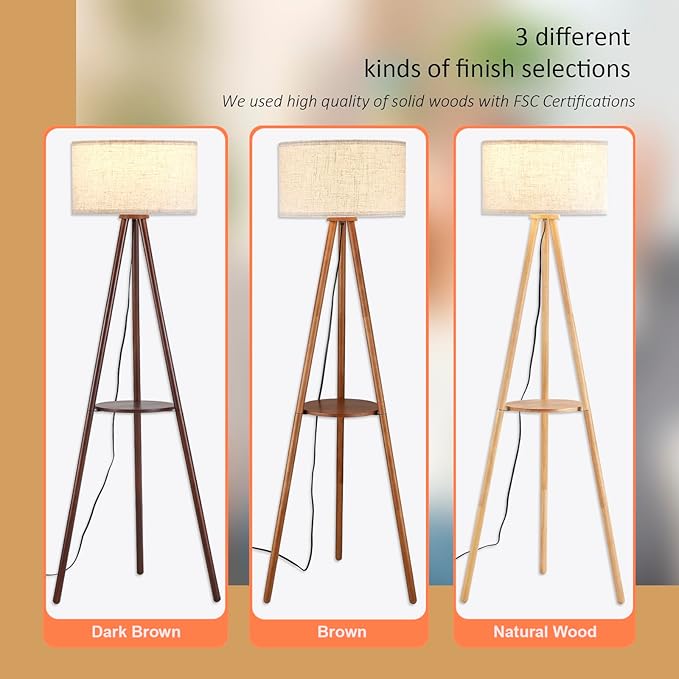 Wood Tripod Floor Lamp with Shelves,Linen Shade Modern Mid Century Wooden Standing Floor lamp for Living Room,with Three Color temparature Bulb Included,ETL Listed/Natural Wood Color - LeafyLoom