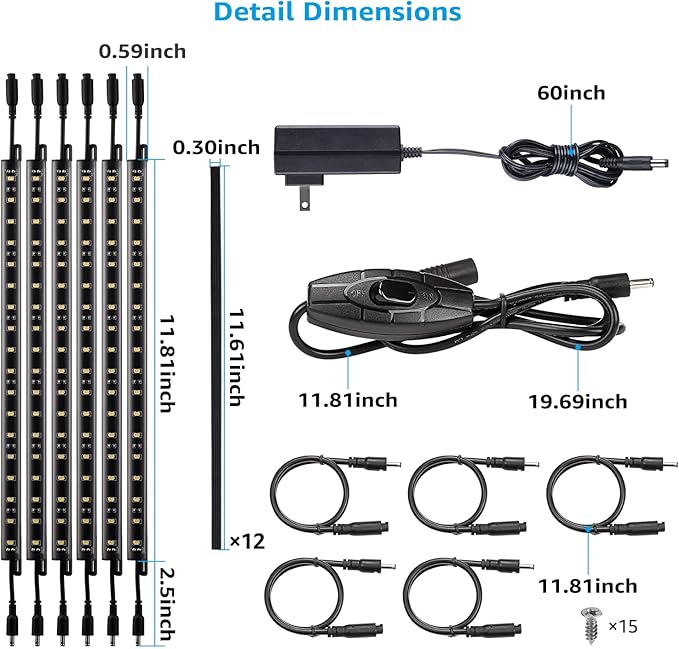 TORCHSTAR LED Safe Lighting Kit, (6) 12 Inch Linkable Light Bars + Rocker Switch + UL Power Adapter, 900LM, Input 100-240V, for Under Cabinet Gun Safe Locker Closet Showcase, 5000K Daylight TORCHSTAR
