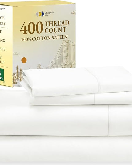 California Design Den 100% Cotton Sheets - Soft 400 Thread Count Sateen 4-Pc Bed Sheet Set, Cooling Sheets for Queen Size Bed, Deep Pockets, Bedding Sheets & Pillowcases, (Ivory) - LeafyLoom