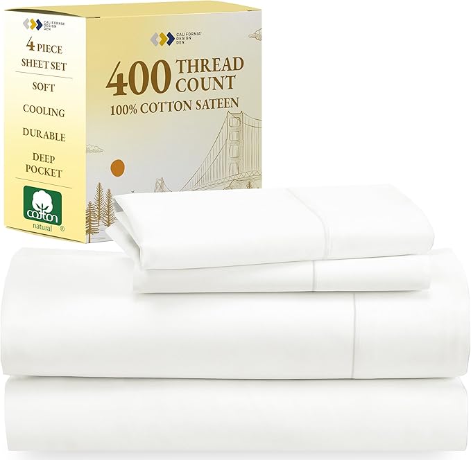 California Design Den 100% Cotton Sheets - Soft 400 Thread Count Sateen 4-Pc Bed Sheet Set, Cooling Sheets for Queen Size Bed, Deep Pockets, Bedding Sheets & Pillowcases, (Ivory) - LeafyLoom