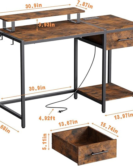 Computer Desk with Drawer and Power Outlets, 47" Office Desk with Monitor Stand and Led Lights, Work Desk for Home Office,Sturdy Writing Desk with Shelves and 2 Headphone Hooks,Rustic Brown - LeafyLoom