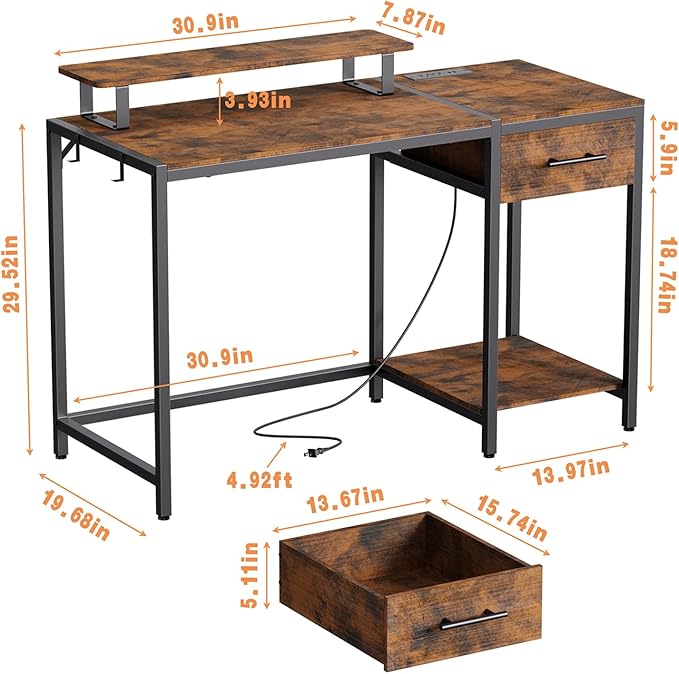 Computer Desk with Drawer and Power Outlets, 47" Office Desk with Monitor Stand and Led Lights, Work Desk for Home Office,Sturdy Writing Desk with Shelves and 2 Headphone Hooks,Rustic Brown - LeafyLoom