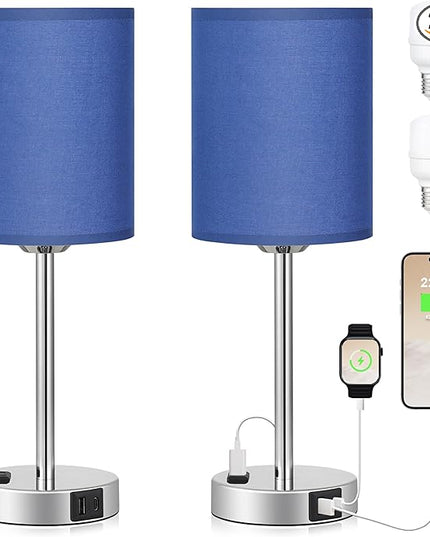 Innqoo Navy Blue Nightstand Lamps Set of 2-3 Way Dimmable Bedside Lamp with USB C and A Ports and Outlets, Modern Lamps for Bedrooms Set of 2 with Silver Base, Small Table Lamps for Boys Kids - LeafyLoom