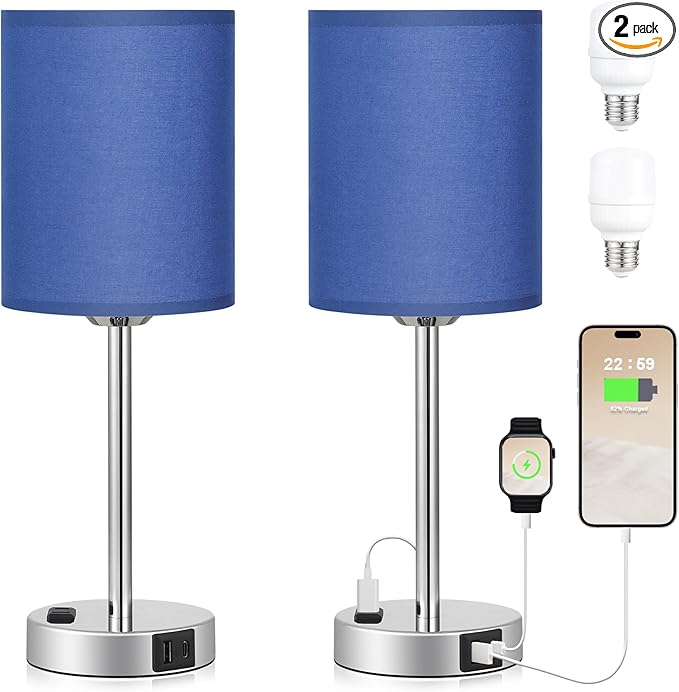 Innqoo Navy Blue Nightstand Lamps Set of 2-3 Way Dimmable Bedside Lamp with USB C and A Ports and Outlets, Modern Lamps for Bedrooms Set of 2 with Silver Base, Small Table Lamps for Boys Kids - LeafyLoom