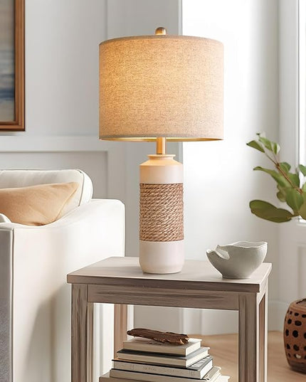 OYEARS 23.75" Bedside Table Lamps Set of 2 for Sleeping and Reading, Vintage Farmhouse Rattan Table Lamp Antique White Resin Lamp for Decoration, Office Living Room Bedside Table - LeafyLoom