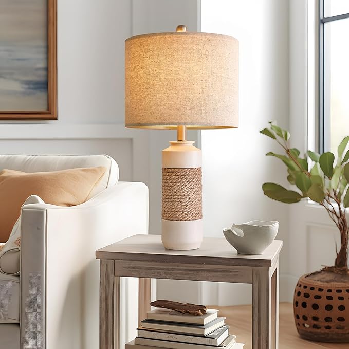 OYEARS 23.75" Bedside Table Lamps Set of 2 for Sleeping and Reading, Vintage Farmhouse Rattan Table Lamp Antique White Resin Lamp for Decoration, Office Living Room Bedside Table - LeafyLoom