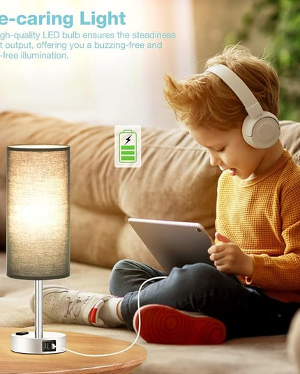 Black Bedroom Table Lamp for Bedside - 3 Way Dimmable Touch Lamp USB C A Charging Ports and AC Outlet, Small Desk Lamp for Nightstand for Living Room with Silver Base, Office Desk, LED Bulb Included - LeafyLoom