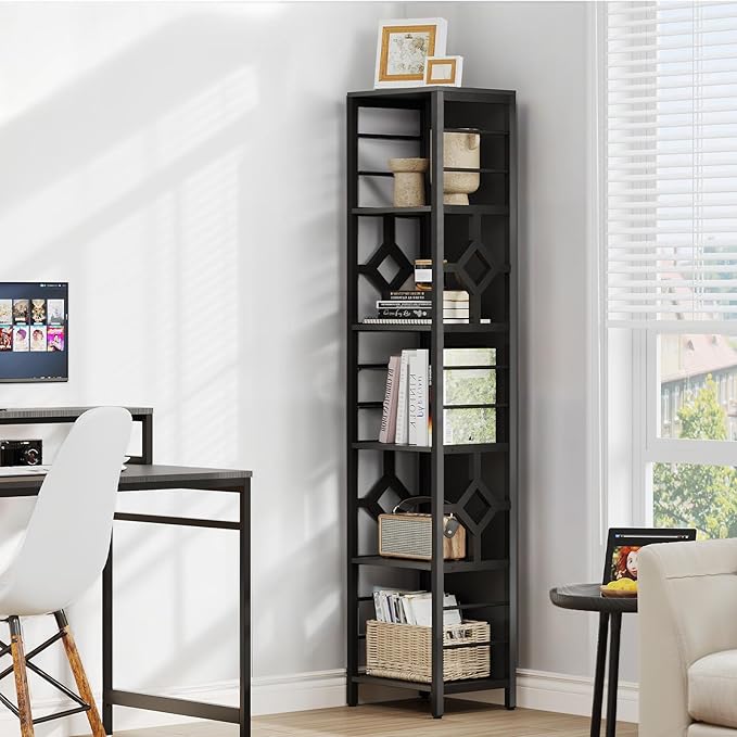 YITAHOME Narrow Bookshelf, 5-Tier Industrial Book Shelf Storage Rack, Display Shelves Stand Etagere for Small Spaces, Open Bookcase for Bedroom Living Room Bathroom Kitchen, Black - LeafyLoom
