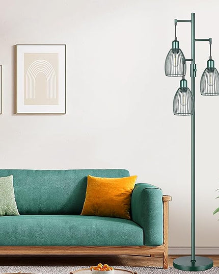 Dimmable Industrial Floor Lamps for Living Room, Green Tree Standing Tall Lamps with 3 Elegant Teardrop Cage Head & 800 Lumens LED Bulbs for Bedroom Office - LeafyLoom