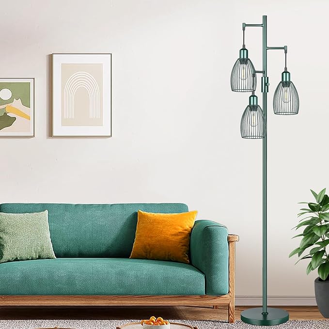 Dimmable Industrial Floor Lamps for Living Room, Green Tree Standing Tall Lamps with 3 Elegant Teardrop Cage Head & 800 Lumens LED Bulbs for Bedroom Office - LeafyLoom