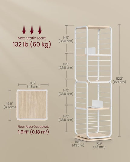 VASAGLE 4-Tier Rotating Bookshelf, Bookcase with Bookends for Small Spaces, Corner Shelf, Steel Frame, Natural Beige and Cloud White ULLS127W67 - LeafyLoom