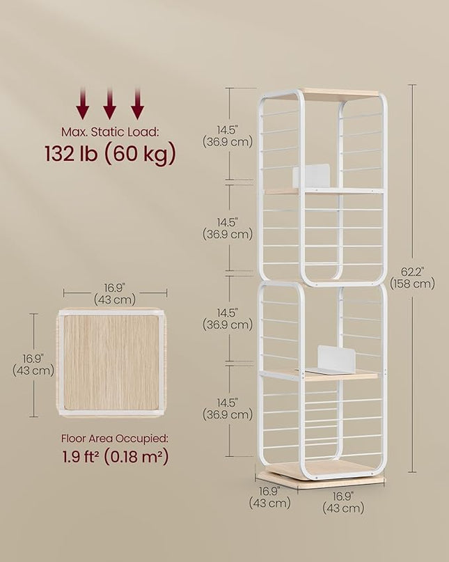VASAGLE 4-Tier Rotating Bookshelf, Bookcase with Bookends for Small Spaces, Corner Shelf, Steel Frame, Natural Beige and Cloud White ULLS127W67 - LeafyLoom