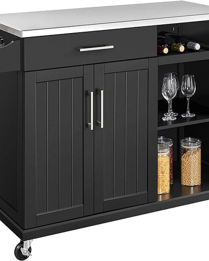 Yaheetech Kitchen Island with Stainless Steel Top and Storage Cabinet, Kitchen Cart on Wheels with Drawer & Open Shelves & Wine Rack & Spice Rack, 18" D x 51" W x 36" H, Black - LeafyLoom