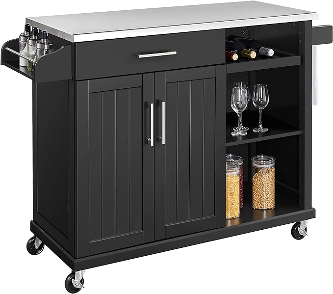 Yaheetech Kitchen Island with Stainless Steel Top and Storage Cabinet, Kitchen Cart on Wheels with Drawer & Open Shelves & Wine Rack & Spice Rack, 18" D x 51" W x 36" H, Black - LeafyLoom