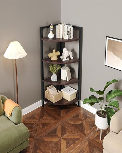 SAYGOER Corner Bookshelf 4 Tier Stand Corner Ladder Shelf Modern Storage Organizer Bookcase Industrial Display Rack Shelves for Small Space, Living Room,Brown - LeafyLoom