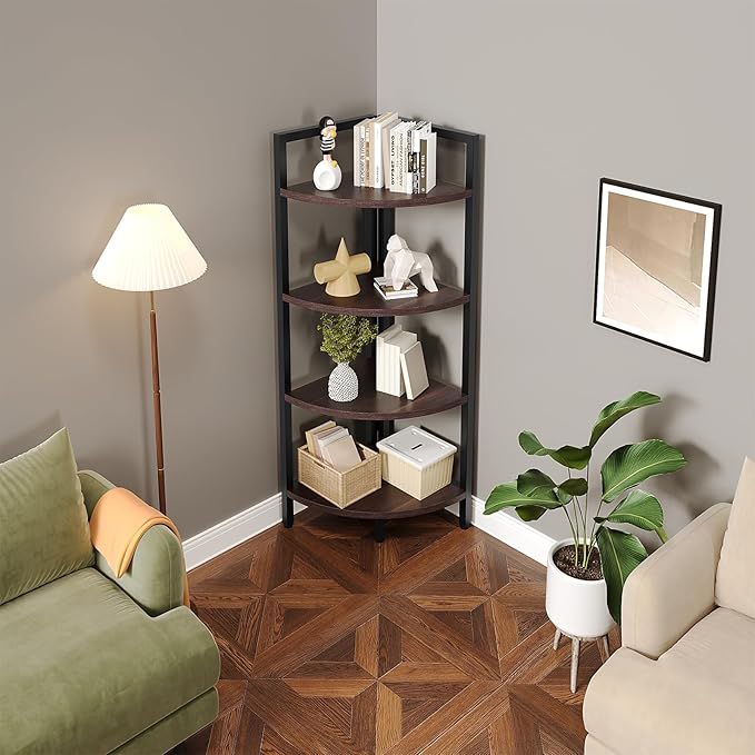 SAYGOER Corner Bookshelf 4 Tier Stand Corner Ladder Shelf Modern Storage Organizer Bookcase Industrial Display Rack Shelves for Small Space, Living Room,Brown - LeafyLoom