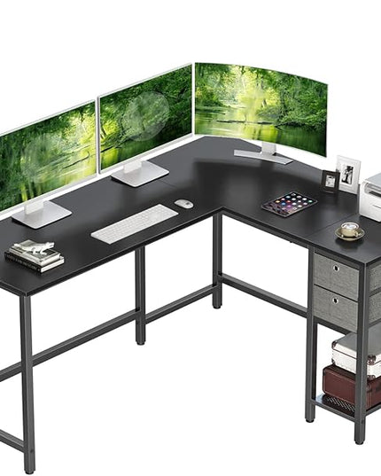 BANTI L-Shaped Computer Desk, Home Office Corner Desk with Non-Woven Drawer, Sturdy Writing Table, Space-Saving,Black - LeafyLoom