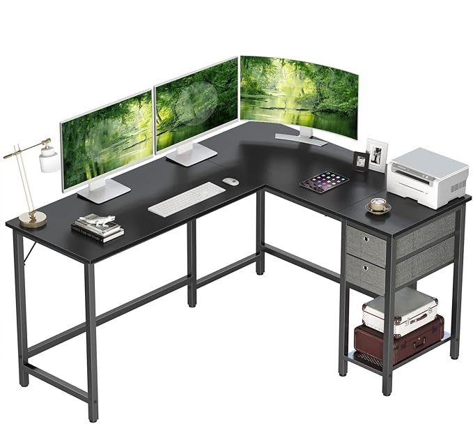 BANTI L-Shaped Computer Desk, Home Office Corner Desk with Non-Woven Drawer, Sturdy Writing Table, Space-Saving,Black - LeafyLoom