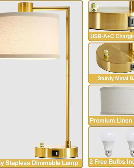 Luvkczc Table Lamp for Bedroom Set of 2 with USB C+A Ports, Fully Stepless Dimmable Bedside Lamp with Linen Lampshade, Nightstand Lamp for Living Room Reading Office, 2 LED Bulbs Included (Gold) - LeafyLoom