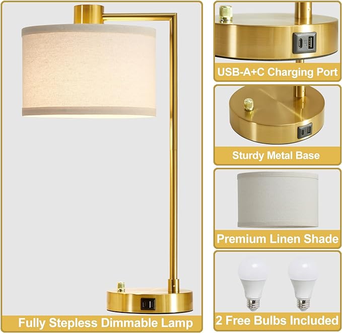 Luvkczc Table Lamp for Bedroom Set of 2 with USB C+A Ports, Fully Stepless Dimmable Bedside Lamp with Linen Lampshade, Nightstand Lamp for Living Room Reading Office, 2 LED Bulbs Included (Gold) - LeafyLoom
