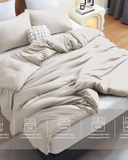 CozyLux Beige Comforter Set King Size, 3 Pieces Boho Solid Breathable Quilted Style Bedding Sets, Luxury Fluffy Soft Microfiber Comforter for All Season(1 Comforter & 2 Pillowcases) - LeafyLoom