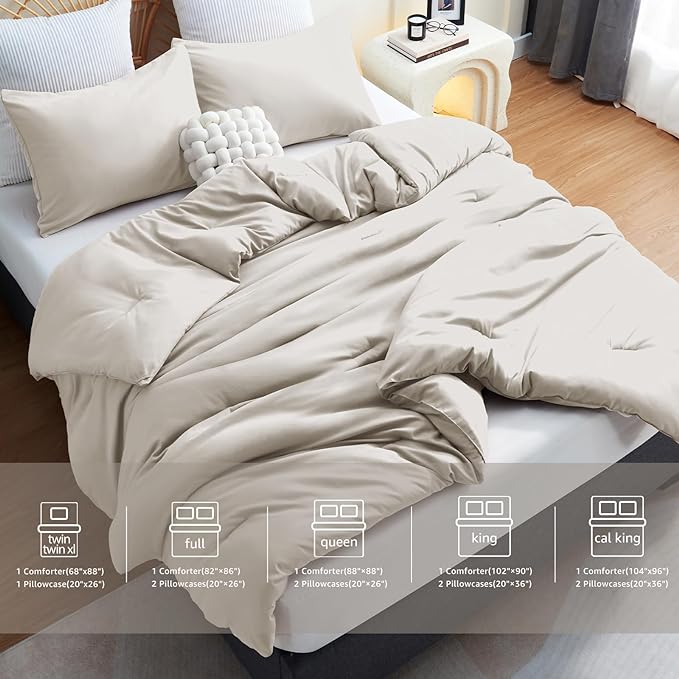 CozyLux Beige Comforter Set King Size, 3 Pieces Boho Solid Breathable Quilted Style Bedding Sets, Luxury Fluffy Soft Microfiber Comforter for All Season(1 Comforter & 2 Pillowcases) - LeafyLoom