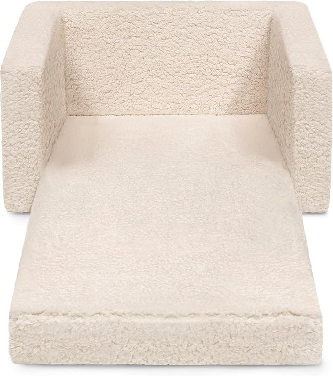Delta Children Cozee Flip-Out Sherpa 2-in-1 Convertible Chair to Lounger for Kids, Cream - LeafyLoom