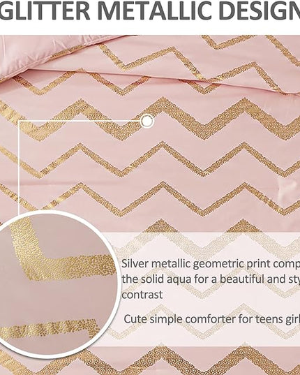 Pink Comforter Set King Size, Metallic Blush and Rose Gold Bedding Set, 4 Piece Lightweight Microfiber Comforter for Teen Girls Women (2 Pillow Shams + 1 Decorative Pillow Sham) - LeafyLoom