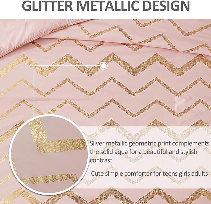 Pink Comforter Set Twin Size, Metallic Blush and Rose Gold Bedding Set, 3 Piece Lightweight Microfiber Comforter for Teen Girls Women (1 Pillow Sham + 1 Decorative Pillow Sham) - LeafyLoom