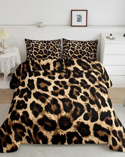 Black Brown Leopard Print Comforter Set Women Cheetah Printed Bedding Set Men Africa Animal Wildlife Duvet Set for Kids Girls Teens Bedroom Decor Luxury Home Hotel Room Soft Comforter Queen Size 3Pcs - LeafyLoom