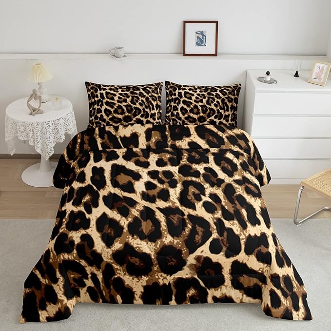 Black Brown Leopard Print Comforter Set Women Cheetah Printed Bedding Set Men Africa Animal Wildlife Duvet Set for Kids Girls Teens Bedroom Decor Luxury Home Hotel Room Soft Comforter Queen Size 3Pcs - LeafyLoom